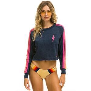 Aviator Nation Bolt Embroidery Cropped Crew Sweatshirt Heather Navy Small EUC